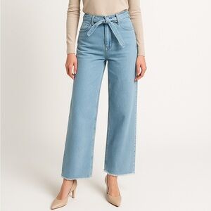 Zimmermann Tie-Waist Wide Leg Jeans Light Wash Frayed Hem